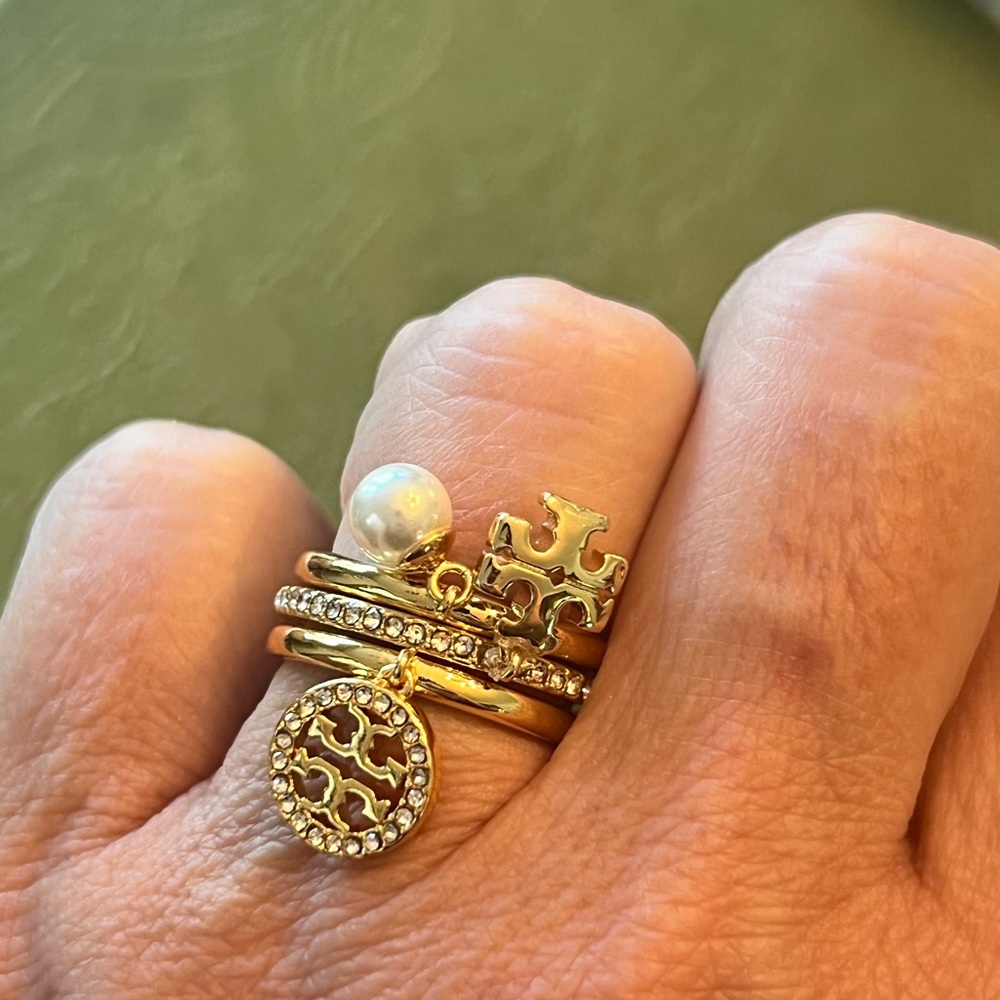 Tory Burch Miller Pave Charm Stack Ring Gold size 8